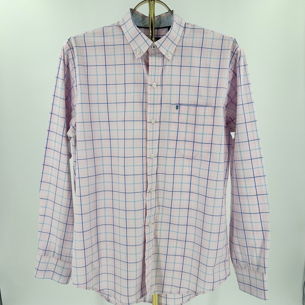 IZOD Mens Pink Blue Plaid Long Sleeve Button Down Shirt Medium Cotton Blend